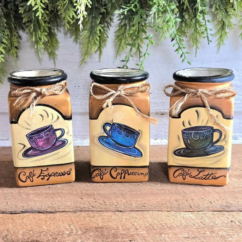 3 Piece Ceramic Glass Jute Coffee Themed Candle Holder Espresso Cappuccino Latte